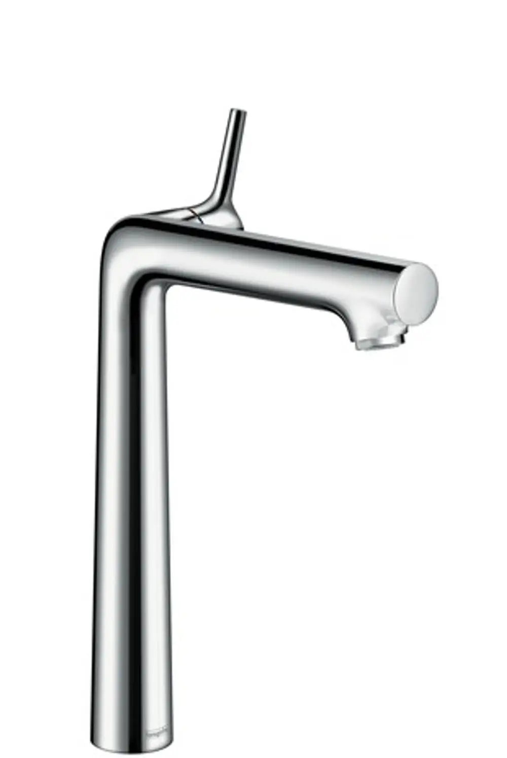 Ein chromfarbener Einhebel-Waschtischmischer von Hansgrohe mit einem schlanken Design und aufgesetztem Auslauf für die Montage über einem Waschbecken.